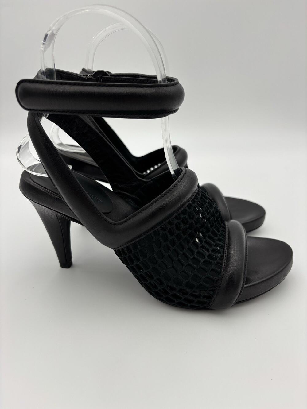 Alexander Wang Leah Black Leather Mesh Sandals Heels Size 36 / 6 Ankle Strap